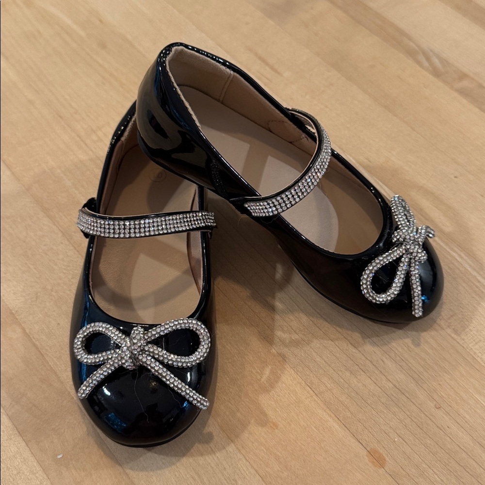 Black Patent Leather Flats with Rhinestone Bow